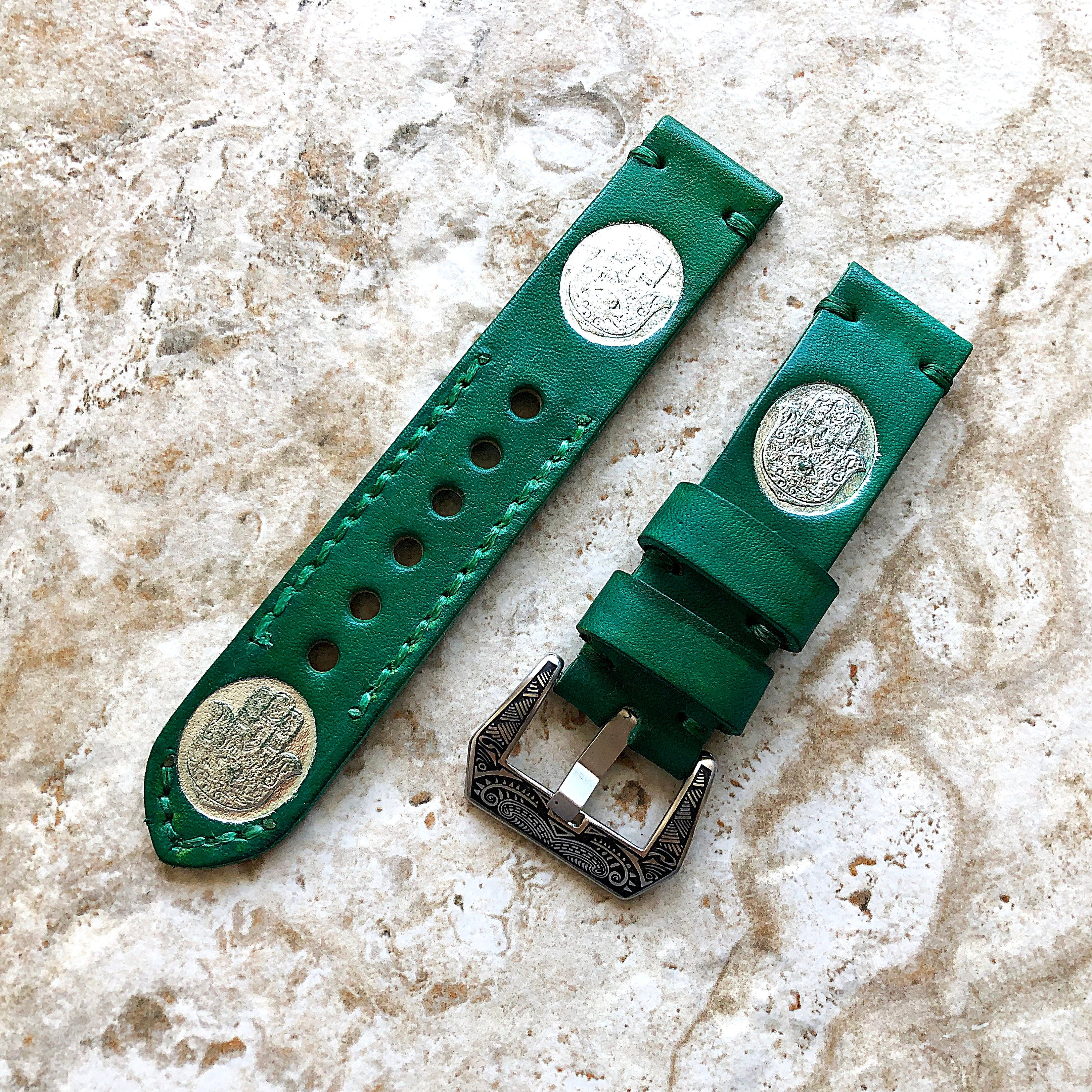 Hamsa SGR Vintage Style Band 22mm 24mm 25mm Compatible with Apple Watch Fitbit Versa 2 3 4 Sense 2 Ionic Accented Embossed Leather Strap